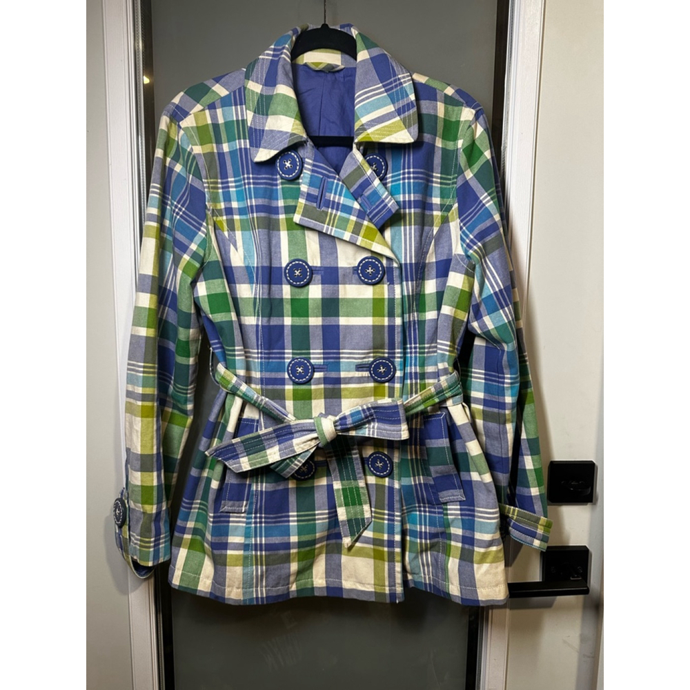 Boden Blue and Green Plaid Trench Coat - Picture 2 of 9